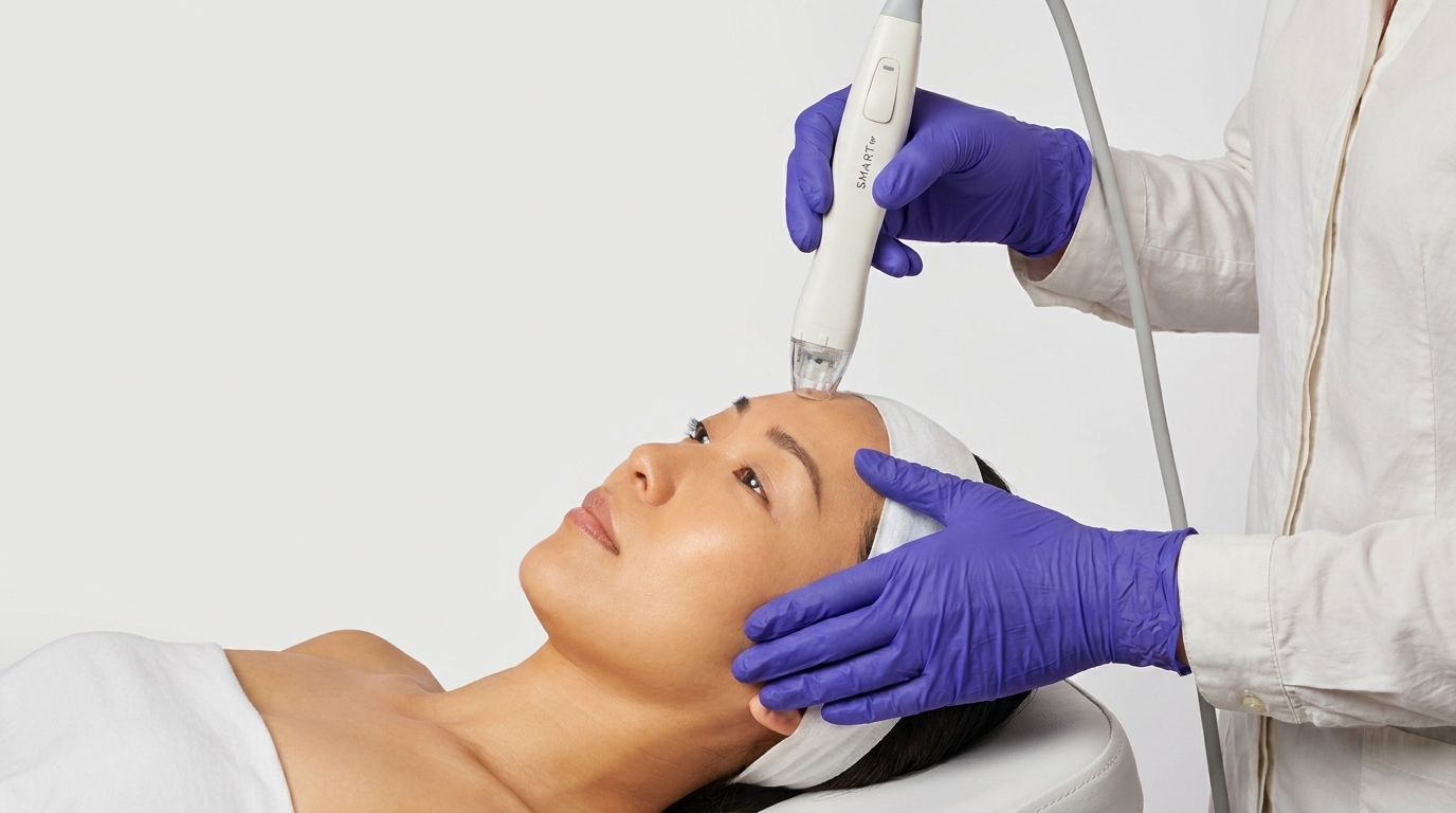 A practitioner holds a slim handpiece over the forehead of a woman lying back with her hair covered.