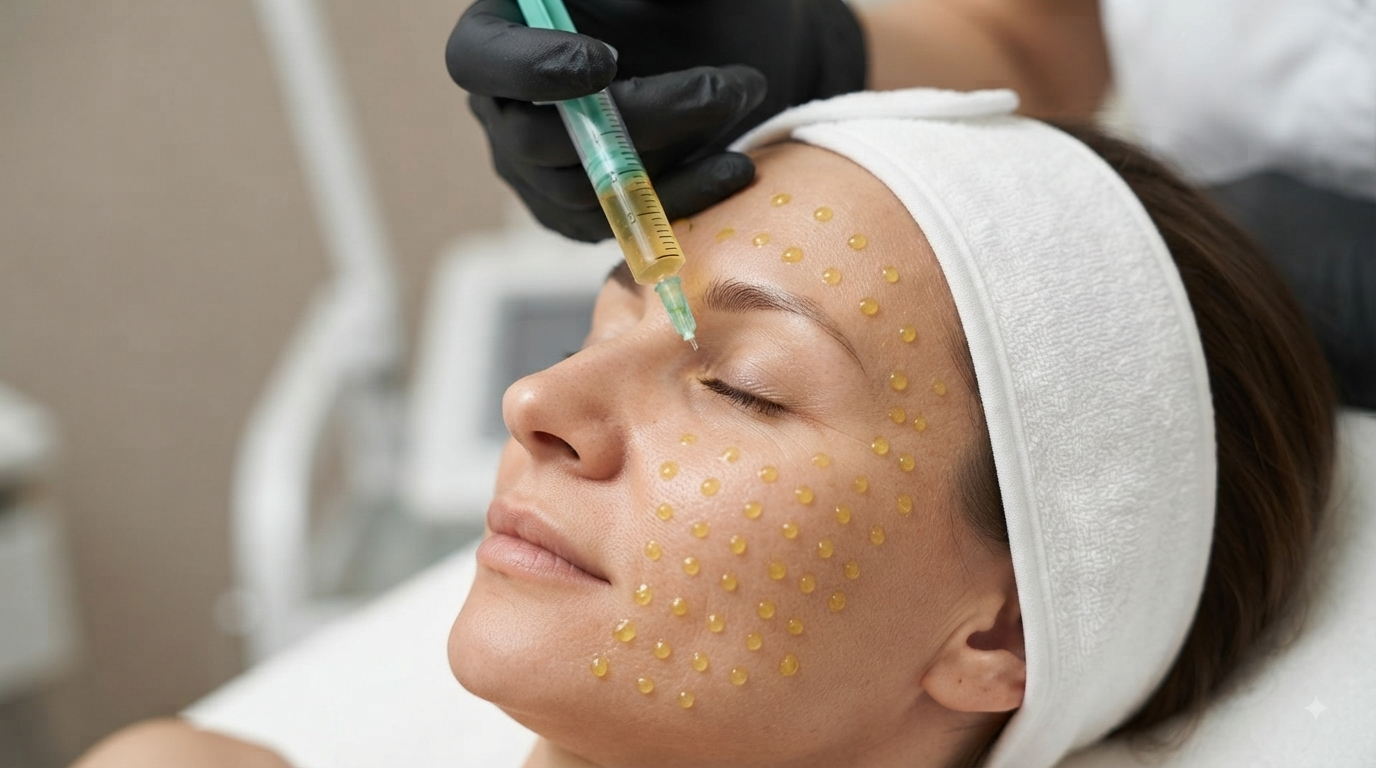 Gloved hand dispensing droplets of yellow BioRePeel solution across a person's face.