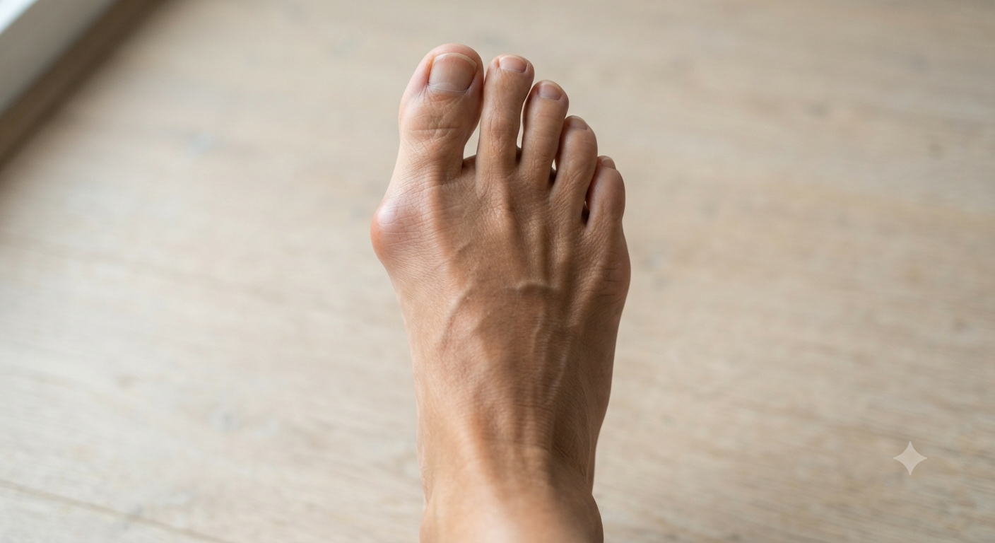 The top of a bare foot seen from above, with the big toe angled inward toward the second toe and a prominent bony bump at the base of the big toe.