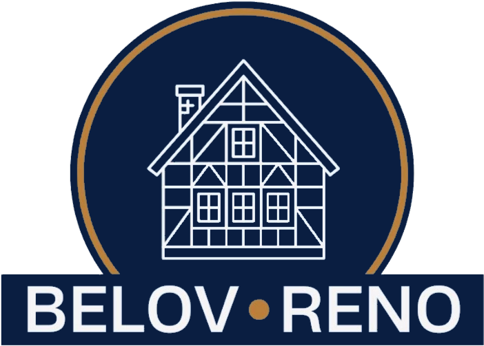 Belov Reno logo with a house illustration on a dark blue circular background