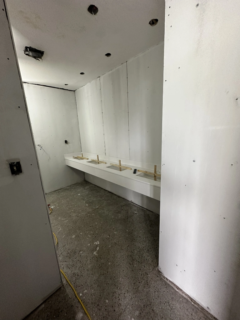 Washroom renovation mid-construction — drywall and vanity framing with sink cutouts in the GTA.