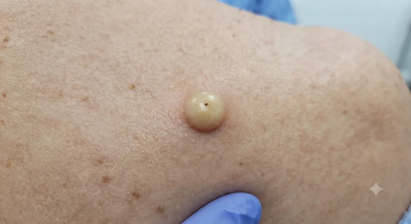 Smooth dome-shaped lump on a shoulder, skin-coloured to yellowish, with a tiny dark opening on top.