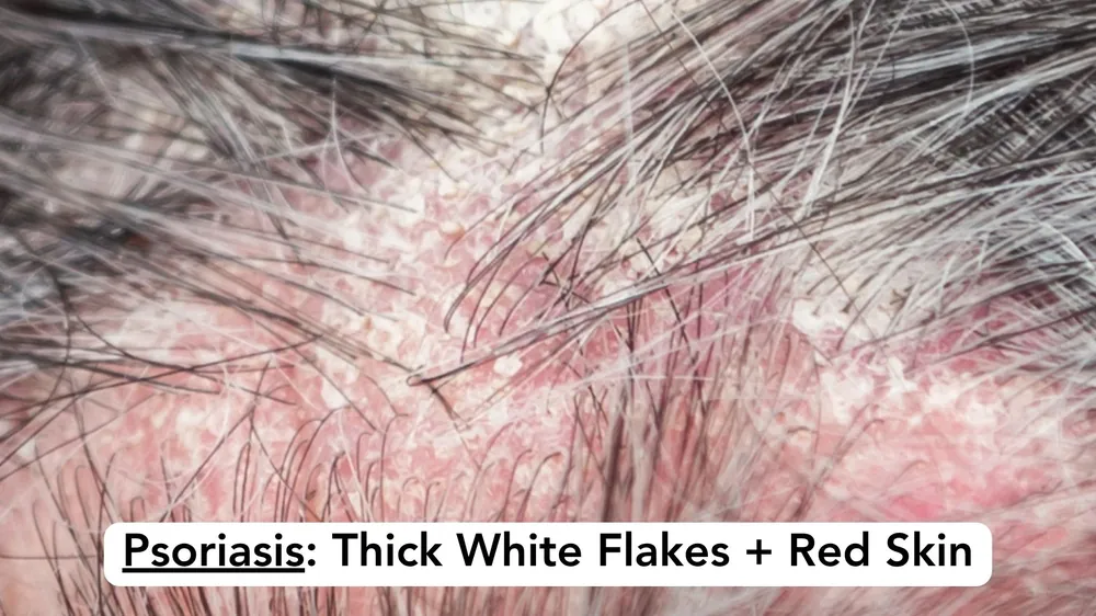 Close-up of a scalp with psoriasis: red, inflamed skin under thick, dry, silvery-white scale packed between the hairs.