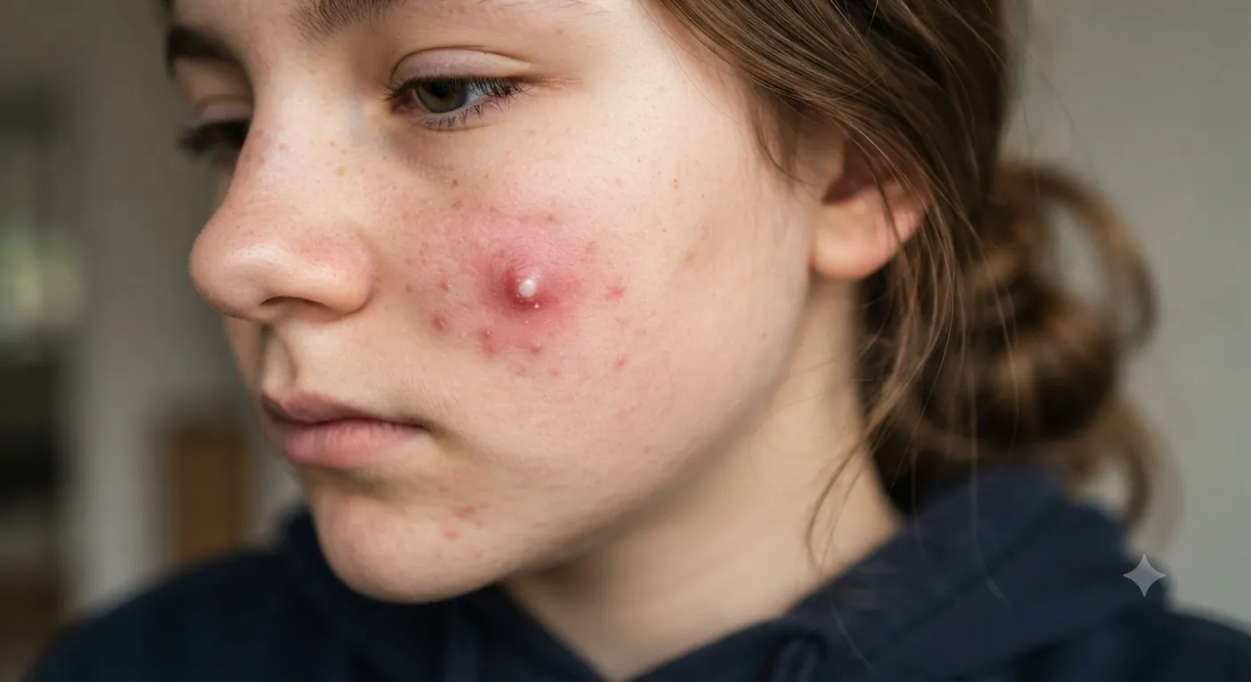 A young person's cheek with several small red acne spots, one of which has a visible white head, and faded marks from earlier spots.