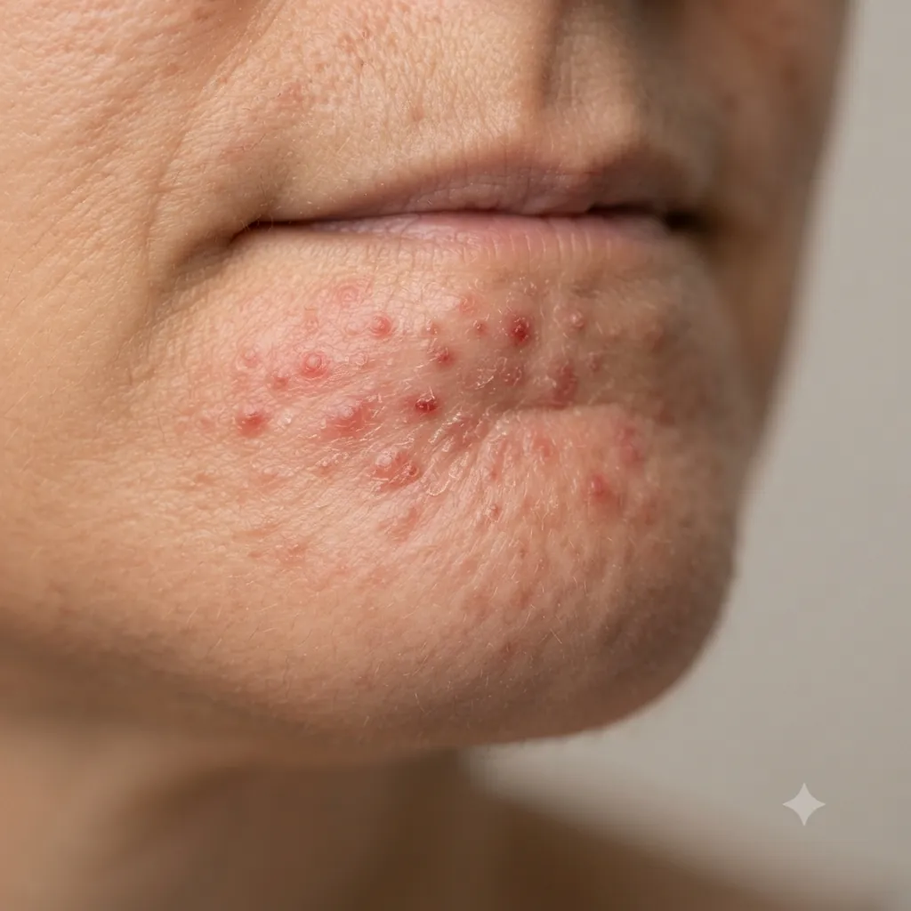 Close-up of small red bumps clustered around the mouth and chin.