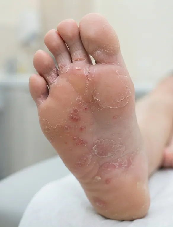 Sole of a foot with dry scaling and scattered small blisters.