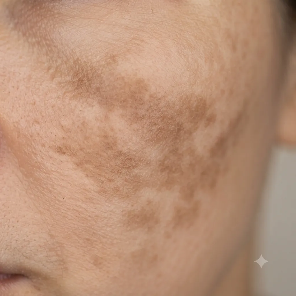 Close-up of a cheek with blotchy brown patches.