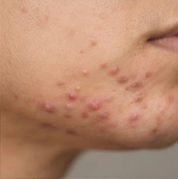 Close-up of a jawline and lower cheek with deep red acne spots.