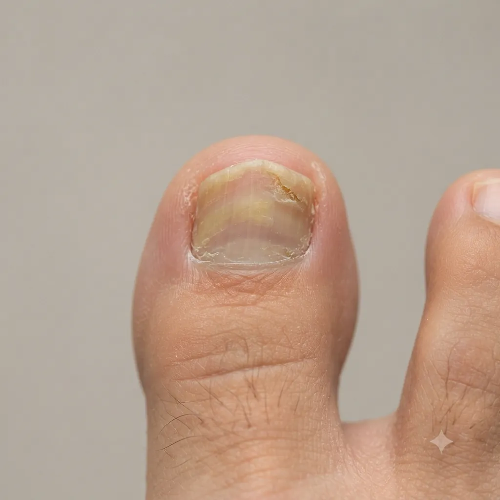 Close-up of a big toenail that is thickened and yellow-brown.