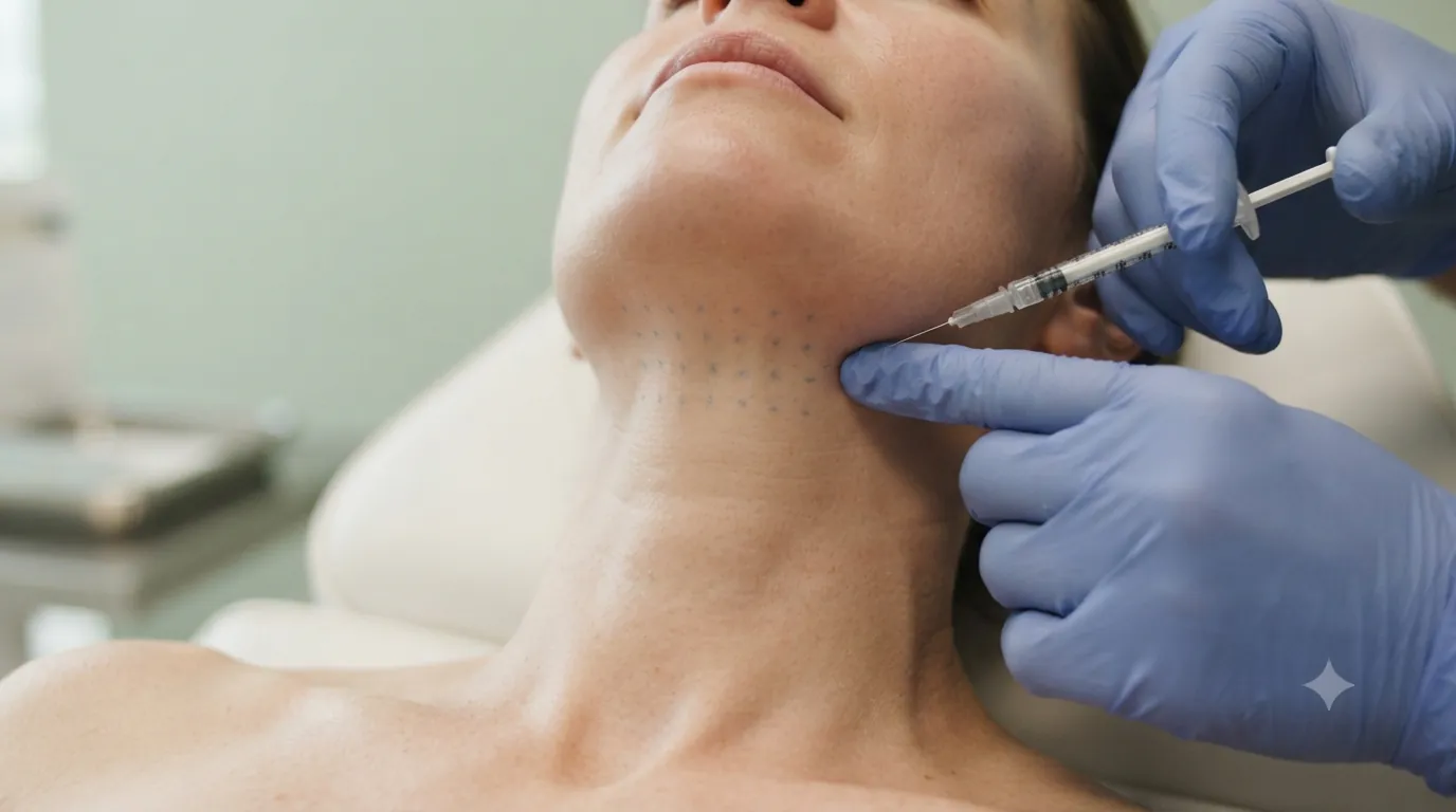 Gloved hands injecting under a person's chin.