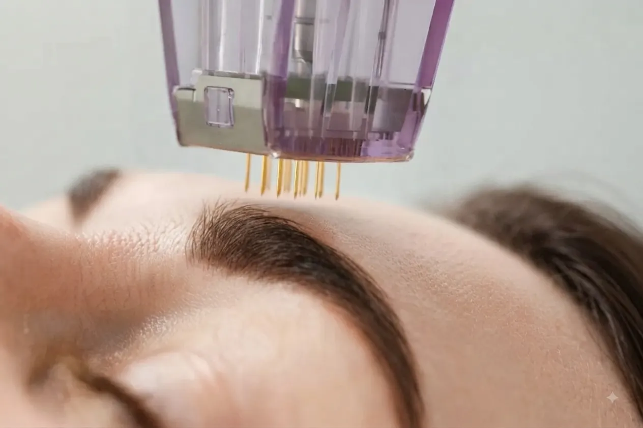 Close-up of a Morpheus8 needle tip array above a person's eyebrow.