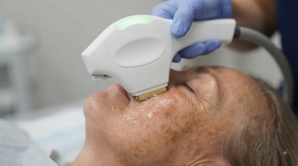 Clinician holding a BBL handpiece against a person's cheek over a layer of gel.