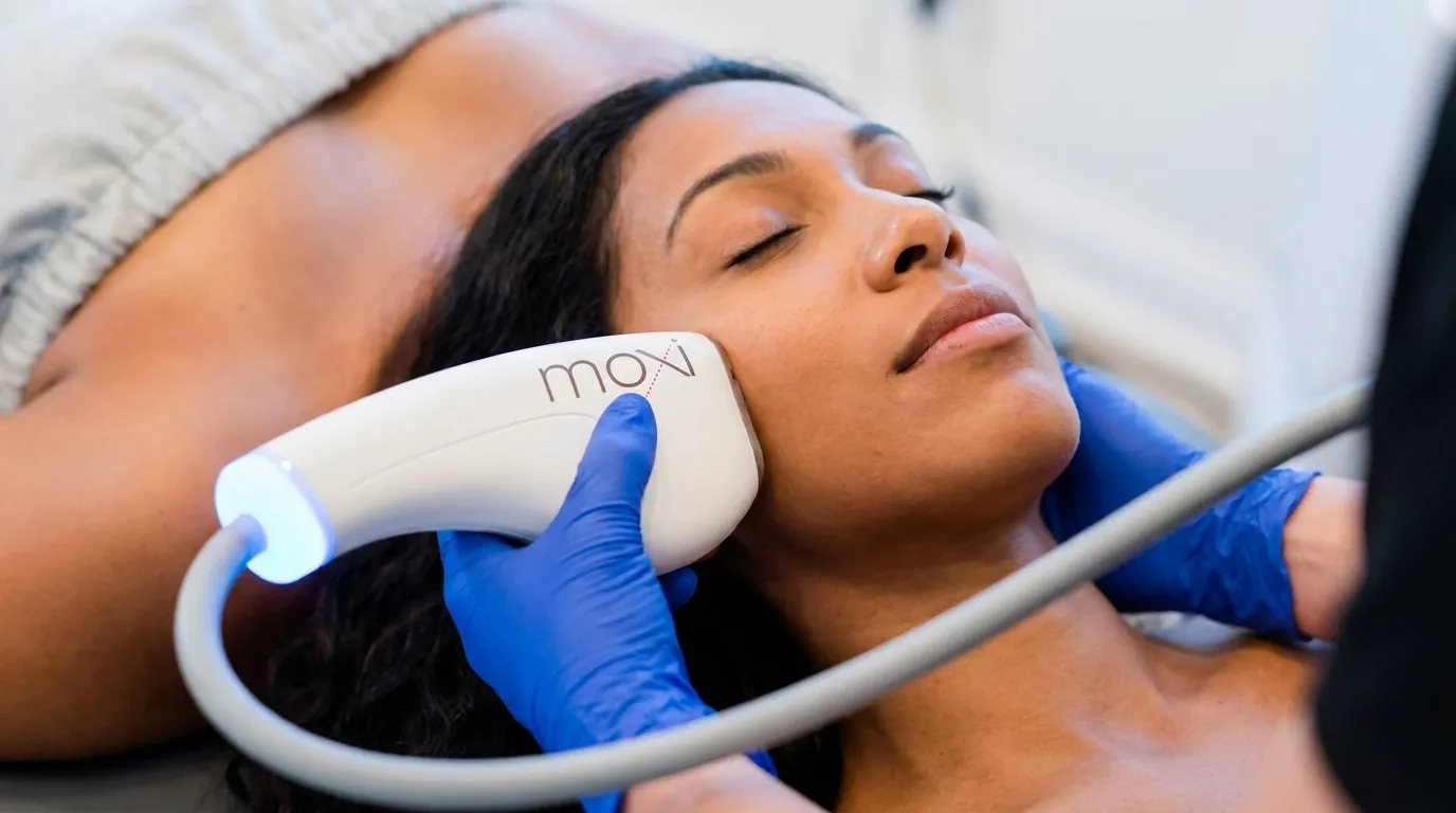 Clinician holding a Moxi laser handpiece against a person's cheek.