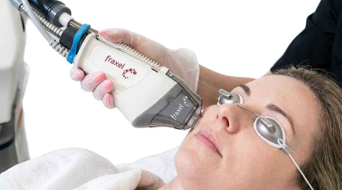 Clinician passing a Fraxel handpiece over a person's cheek, with eye shields in place.