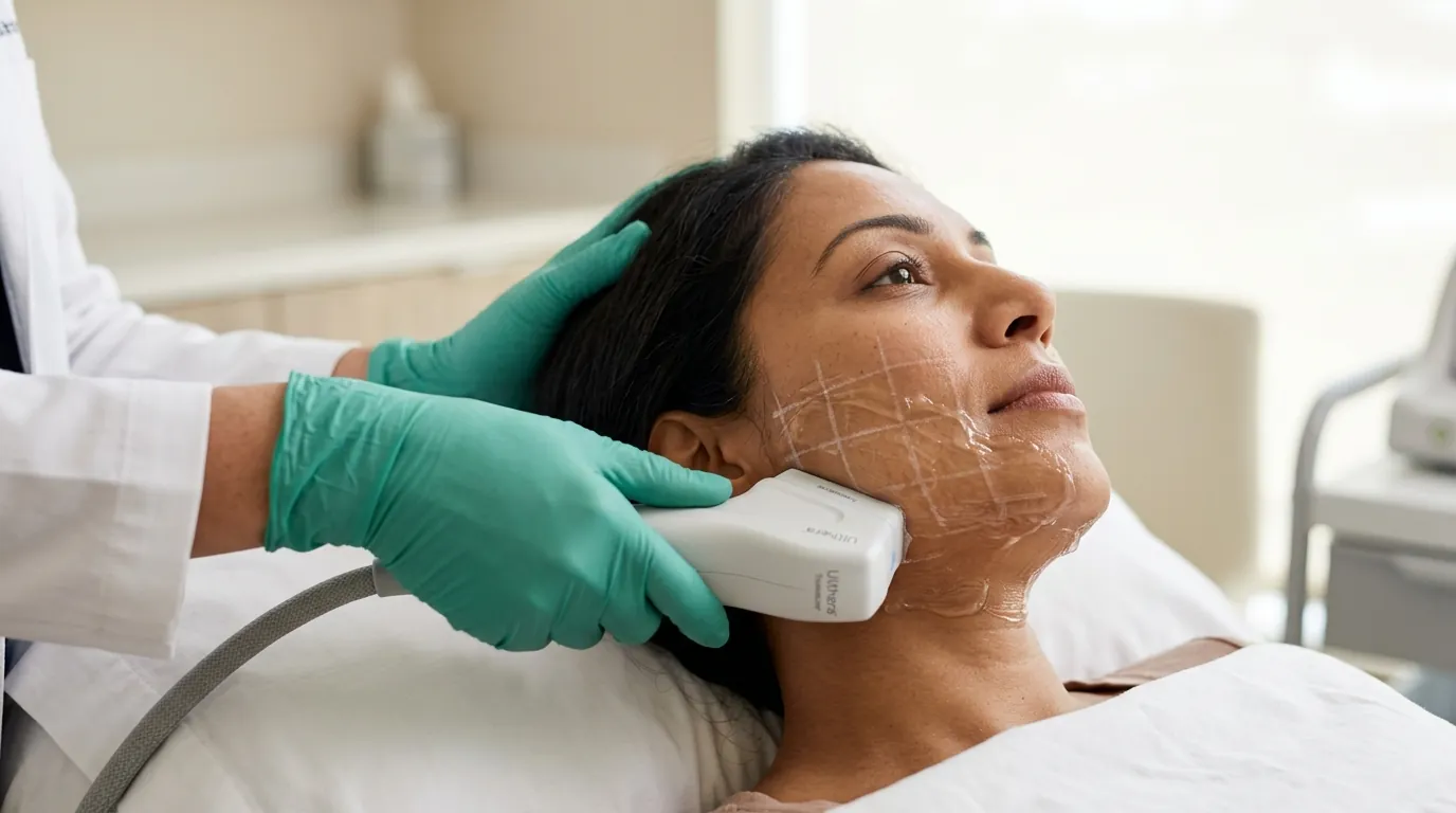 Clinician moving an Ultherapy handpiece along a person's cheek.