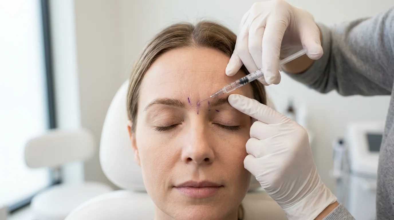 Gloved hands injecting between a person's eyebrows.