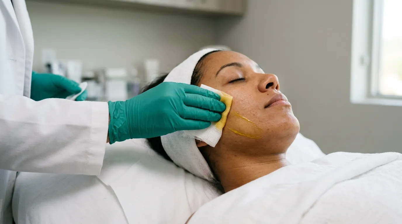 Gloved hand applying a yellow peel solution to a person's face.