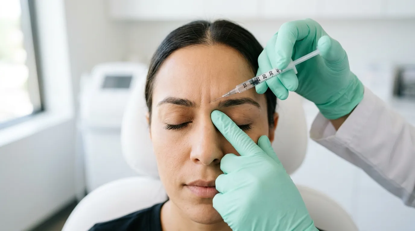 Gloved hands injecting the area between a person's eyebrows.