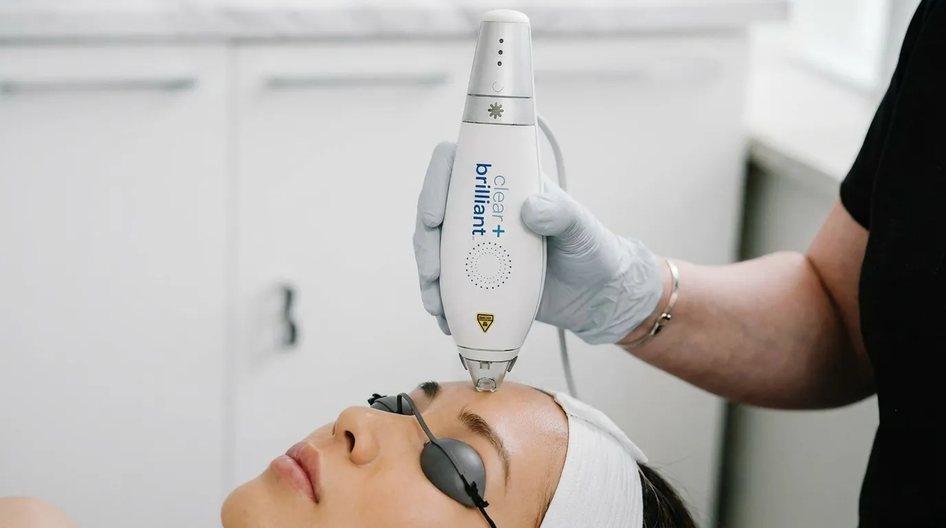Clinician passing a Clear + Brilliant laser handpiece over a person's cheek.