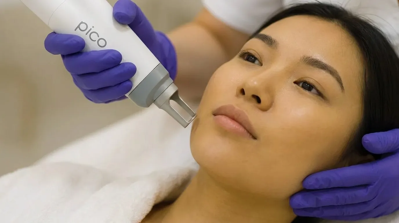 Gloved hands holding a picosecond laser handpiece against a person's cheek.