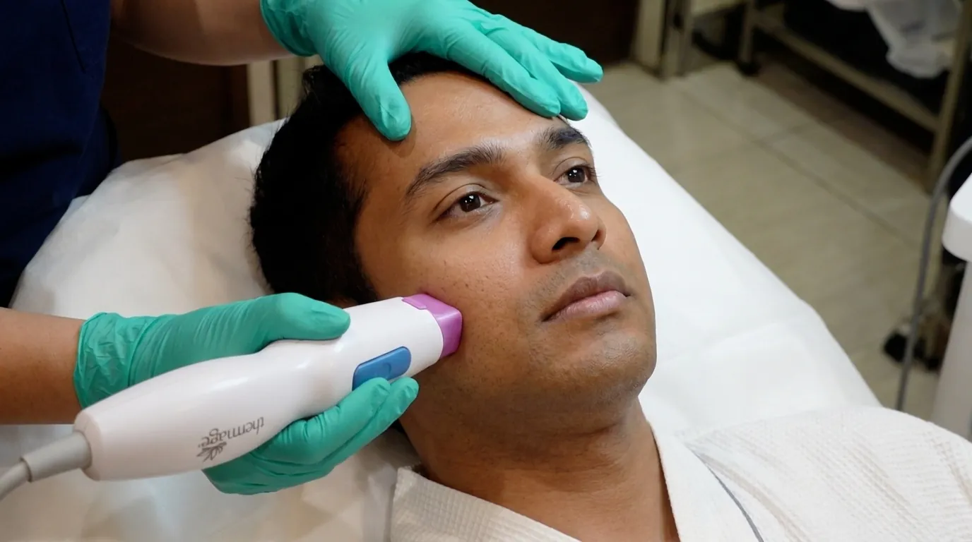 Clinician pressing a Thermage tip against a person's cheek.