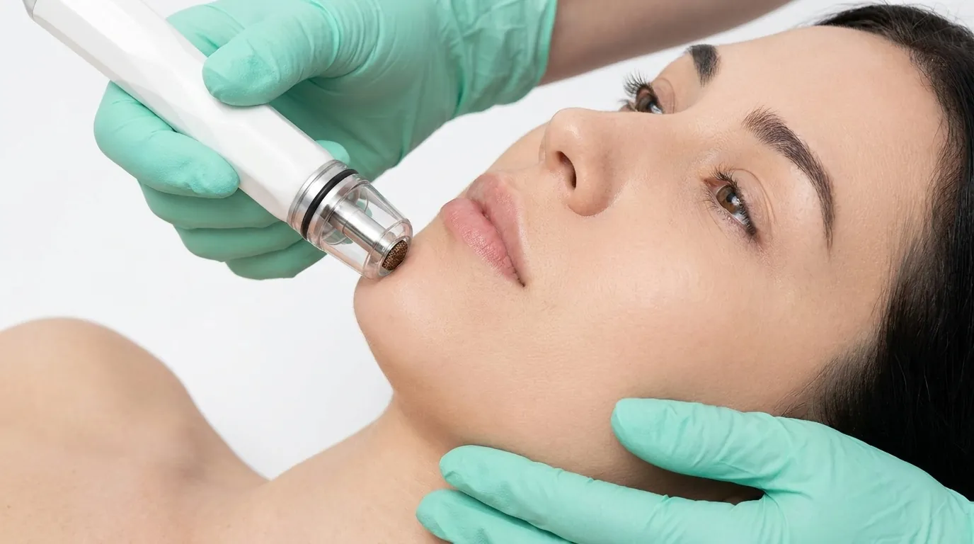 Gloved hand moving a DiamondGlow handpiece across a person's cheek.
