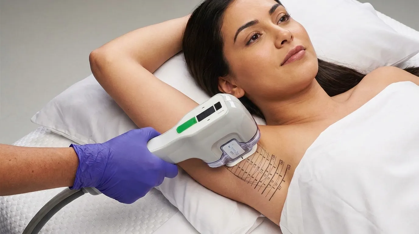Gloved hand holding a miraDry handpiece against a person's underarm.