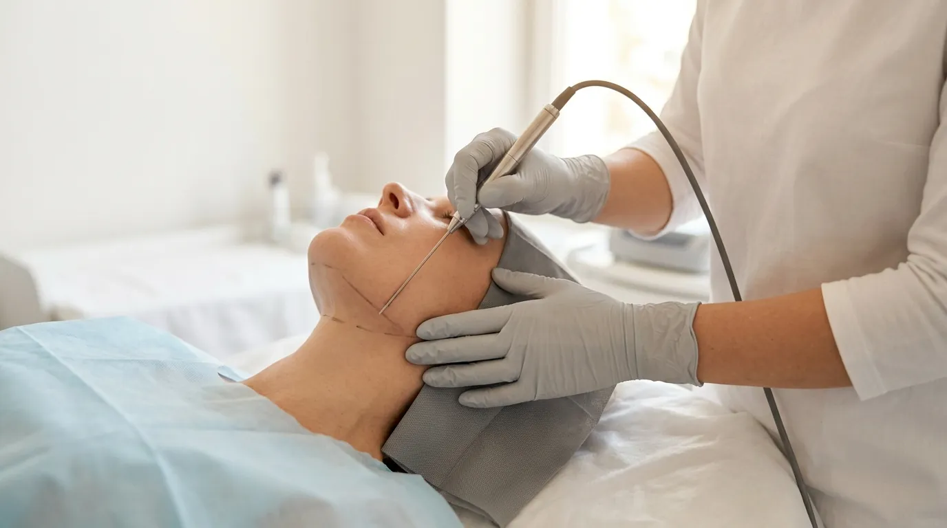 Clinician holding a laser handpiece against a person's jawline.