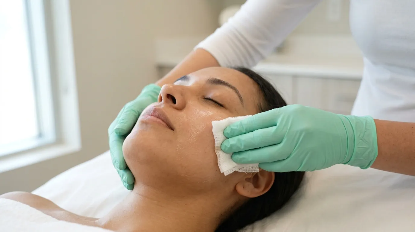 Gloved hand wiping peel solution across a person's cheek with gauze.