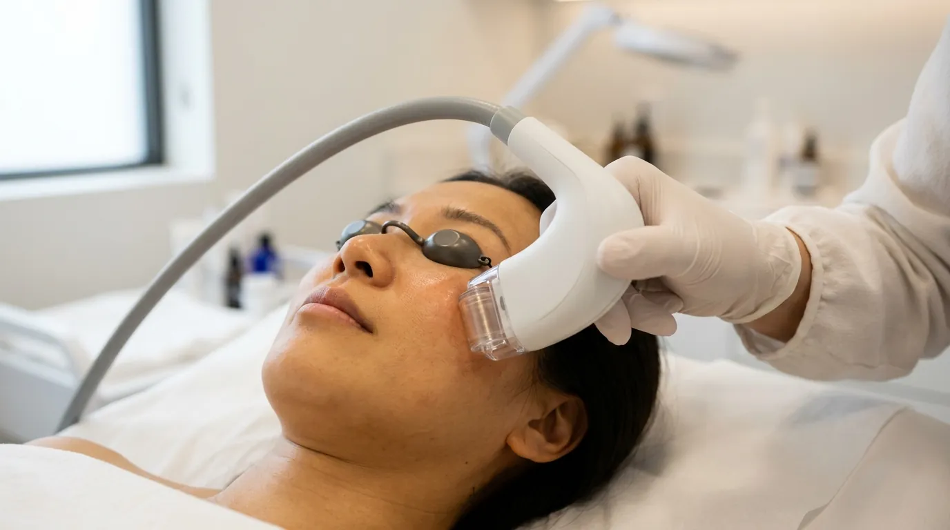 Clinician passing a Halo laser handpiece over a person's cheek, with eye shields in place.