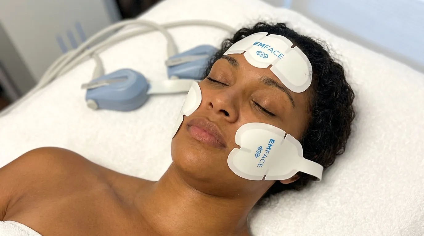Emface pads placed on a person's forehead and cheeks.
