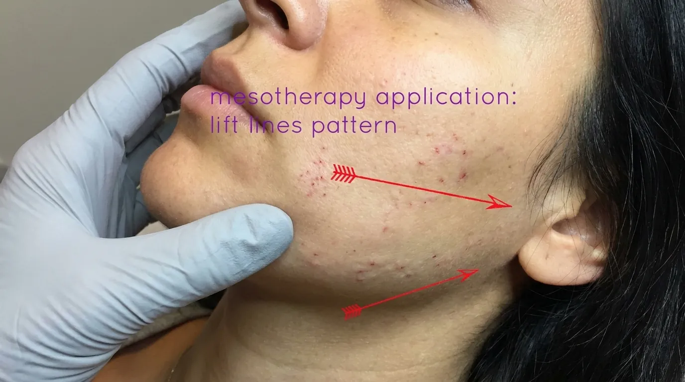Face marked with a pattern of shallow injection points along the jaw and cheek.