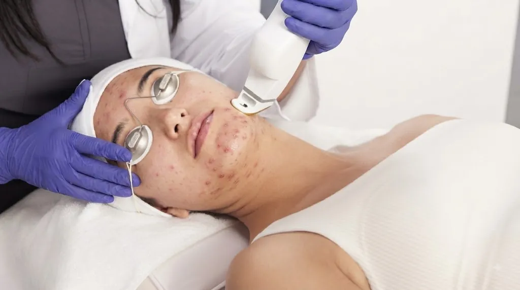 Clinician holding a laser handpiece against the cheek of a person with acne.