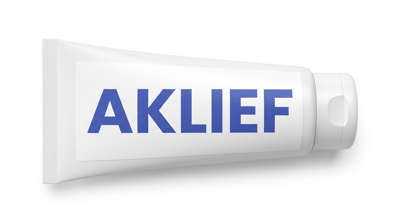 A white squeeze tube labelled Aklief, lying on its side with the cap to the right.