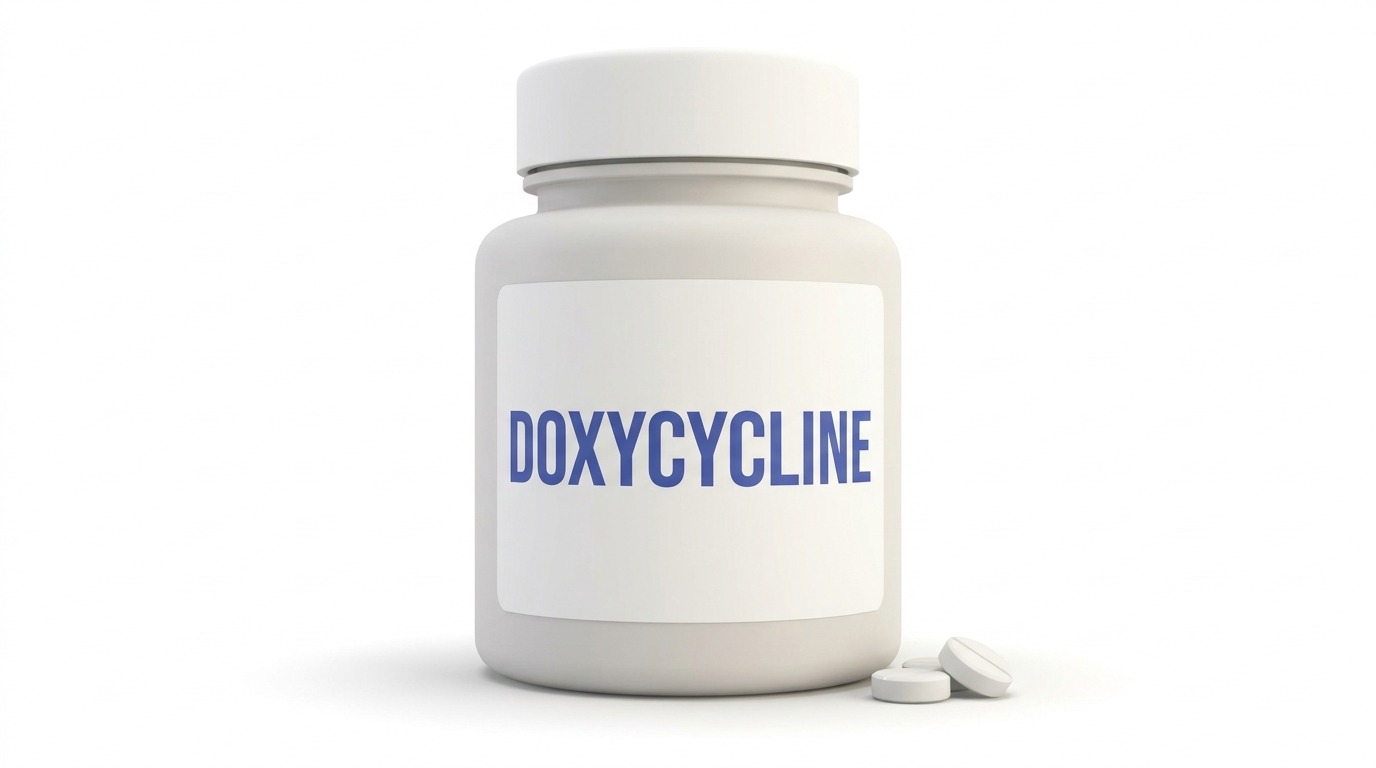 A white pill bottle labelled Doxycycline, standing upright with two white tablets beside it.