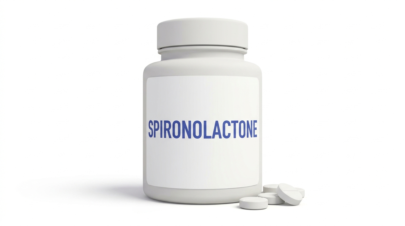A white pill bottle labelled Spironolactone, standing upright with three white tablets beside it.