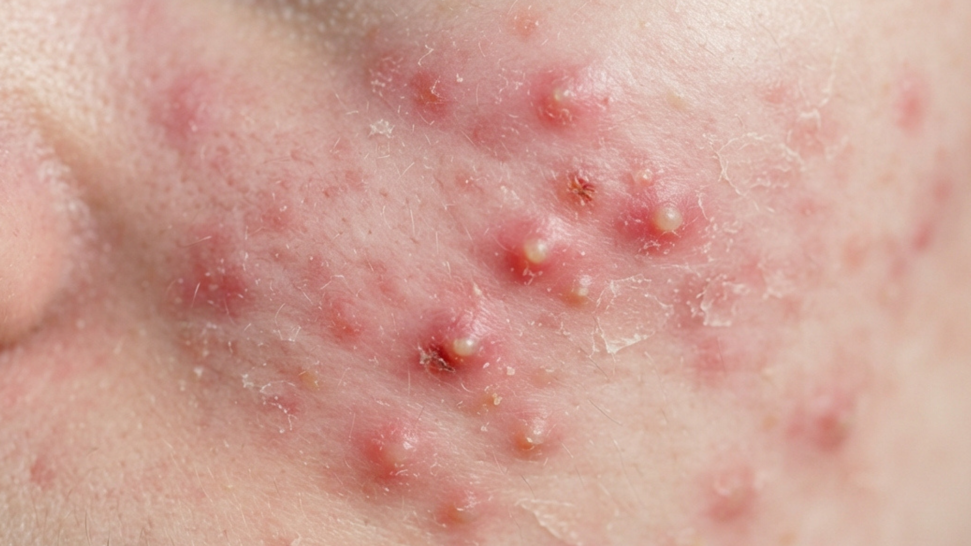 Inflamed acne on light skin. The spots sit in a patch of pink, and the ring of redness around each one is easy to see. A few have a yellow-white head, and the skin between them is dry and flaking.