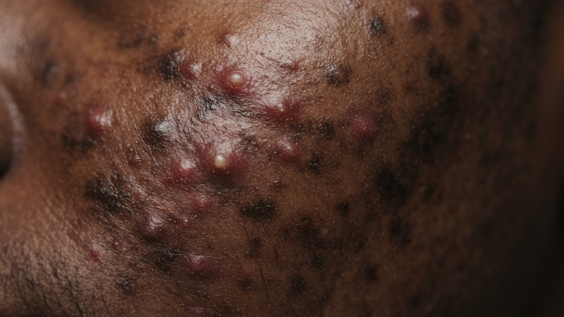 Acne on deep skin. The active bumps look darker and slightly purple rather than red, and the flat dark marks left behind by earlier spots are the most obvious thing in the photo.