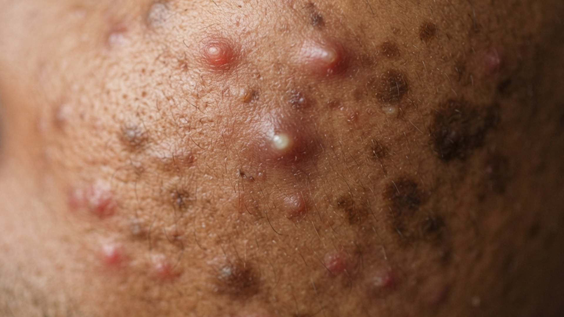Acne on brown skin. Active spots read as brown-purple rather than red, which makes the inflammation easy to underestimate. Flat dark marks from older spots cover as much of the area as the raised spots do.