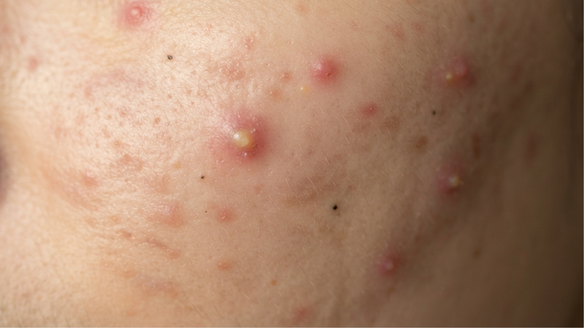 Acne on medium skin. Raised pink-red spots across the cheek and jaw, some with white heads, alongside flat brown marks left behind by spots that have already cleared.