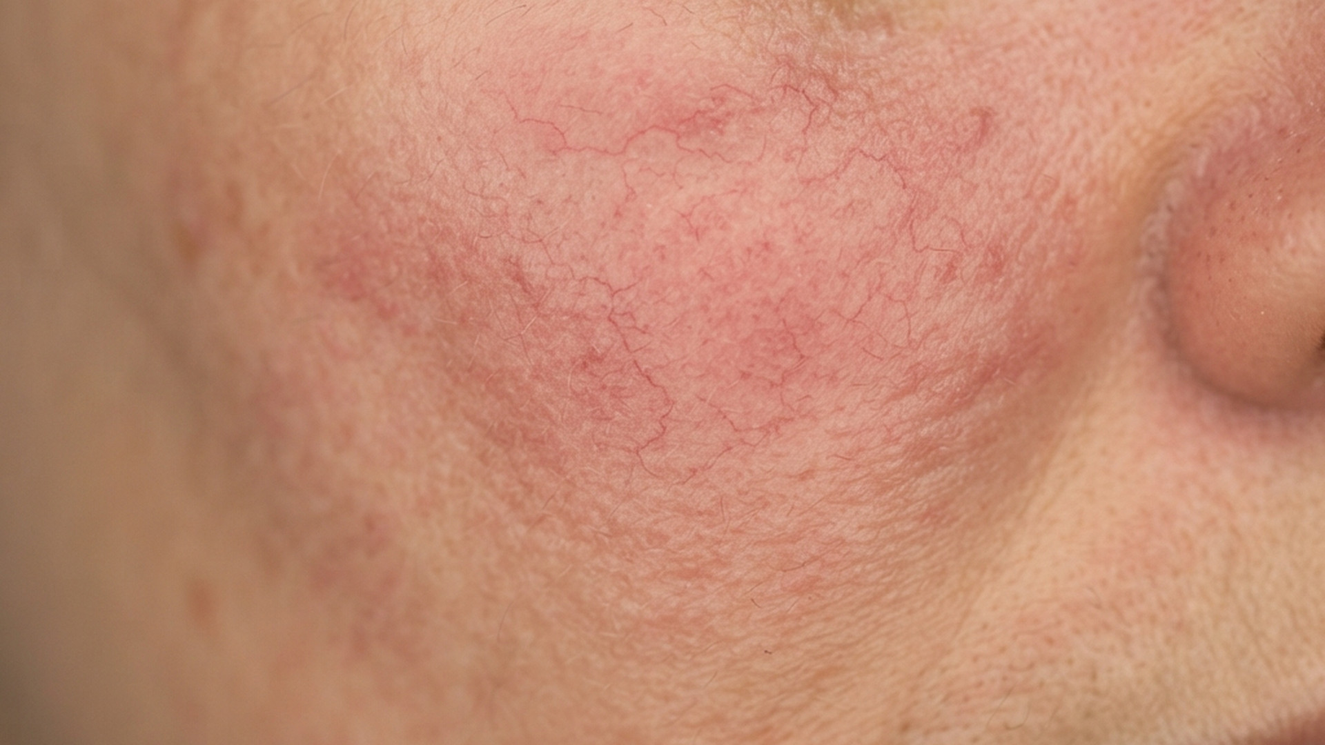 Close-up of a cheek with pink flushing and fine visible red blood vessels beside the nose