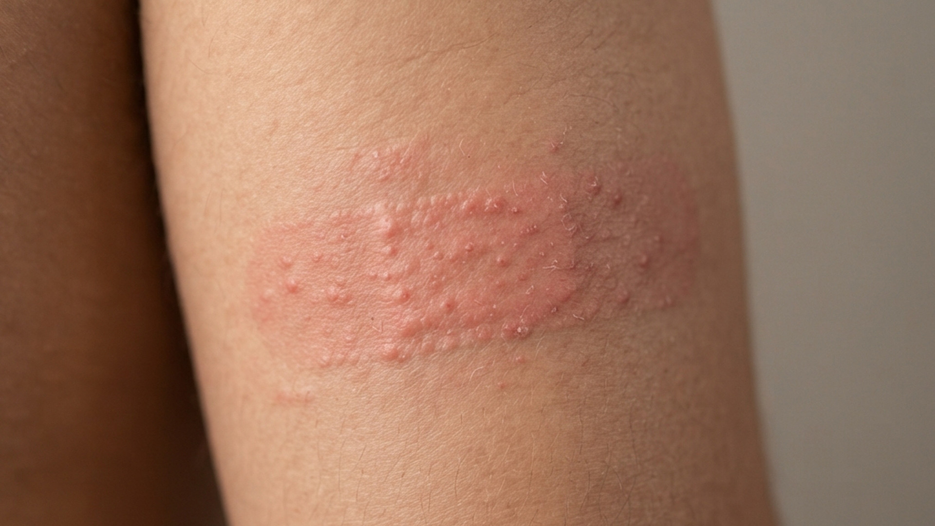 A sharply outlined patch of swollen, discolored skin on a calf with a straight edge along one side where a dressing sat, covered in tiny blisters, with normal skin all around it.