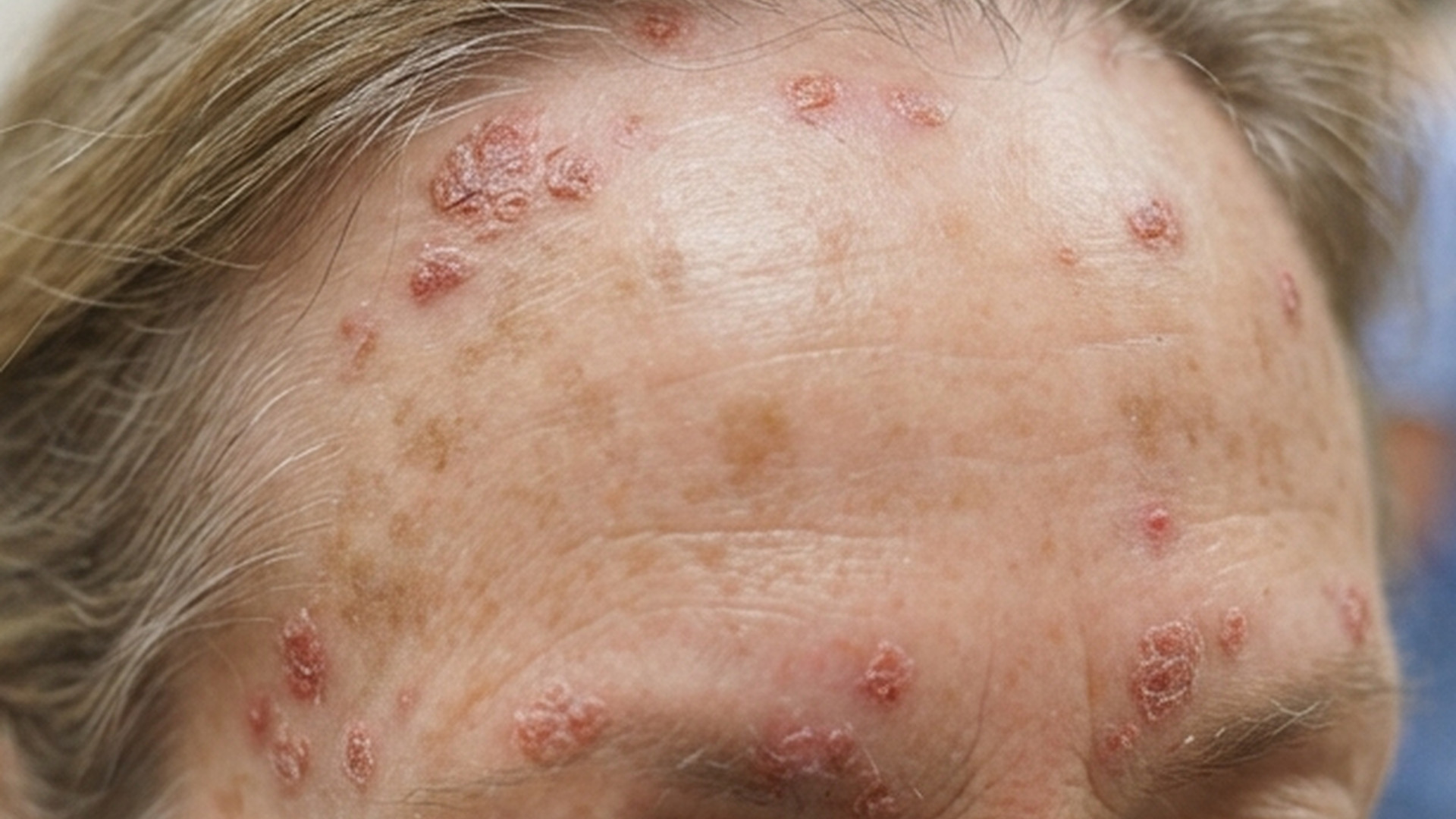 Several flat, rough, pink scaly patches scattered across a balding scalp, each only slightly raised, with dry white scale on top and mottled sun-damaged skin between them.