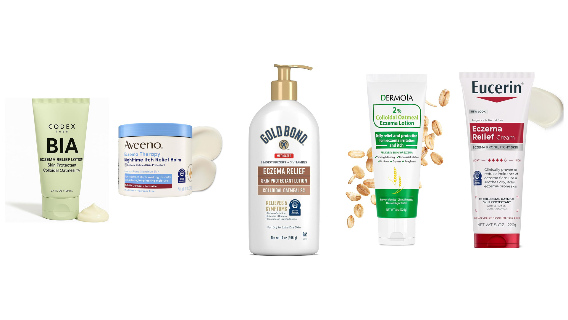 Five colloidal oatmeal eczema products lined up on white, including Aveeno, Gold Bond and Eucerin