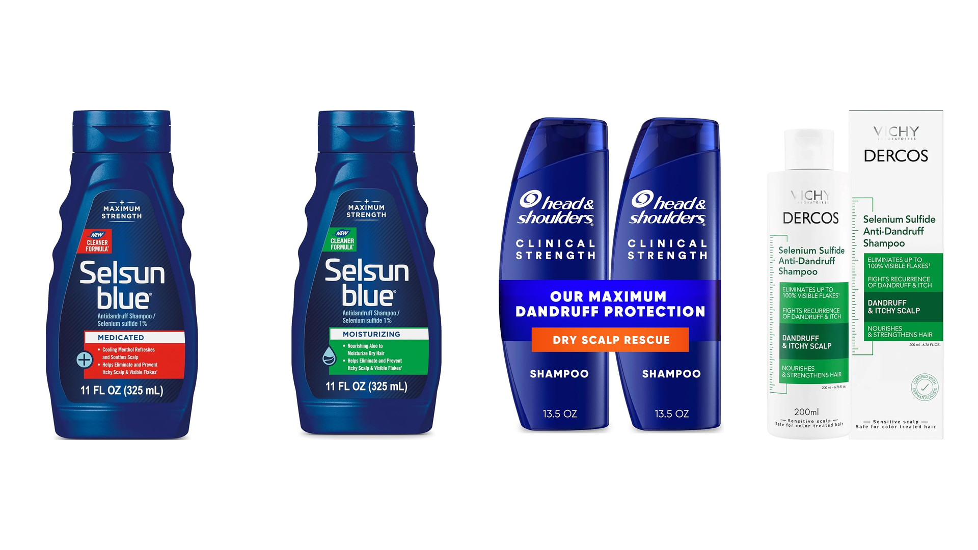 Two Selsun Blue bottles, two Head and Shoulders Clinical Strength bottles and a Vichy Dercos bottle and box