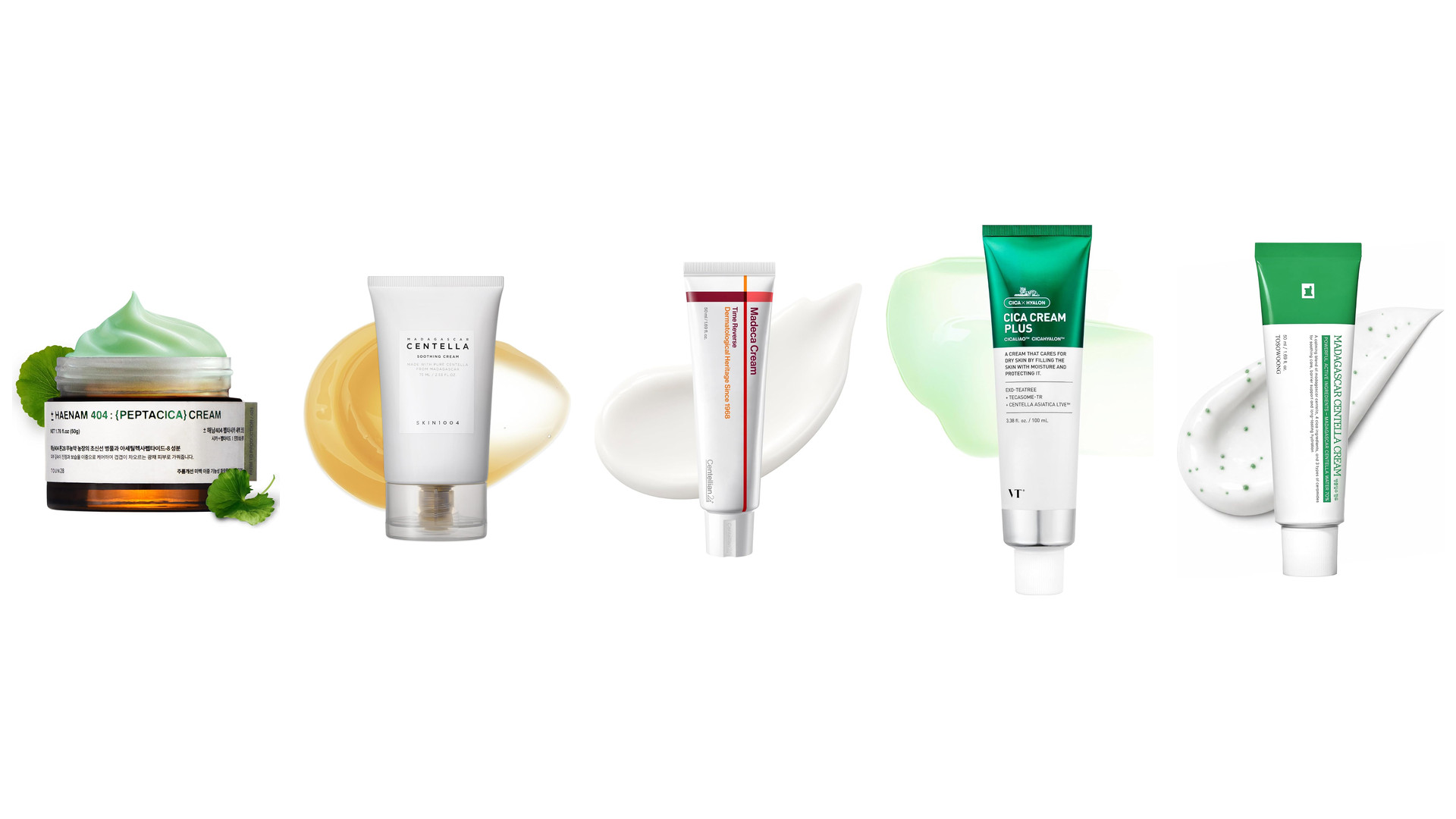 Five centella creams on white, a green-tinted jar plus tubes labeled Madagascar Centella, Madeca Cream and Cica Cream Plus