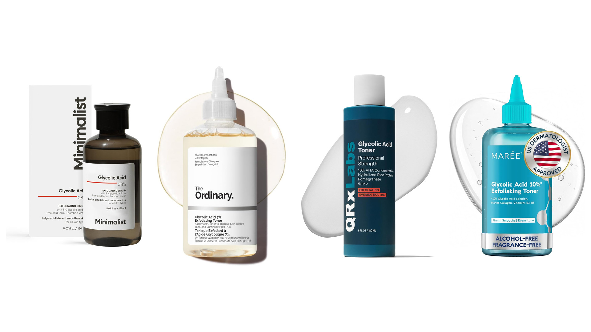 Four glycolic acid toner and liquid bottles lined up on white, one with its box