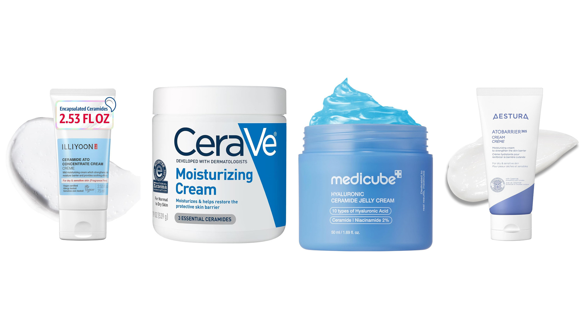 Four ceramide moisturizers lined up on white: two tubes, a CeraVe tub and a blue jar