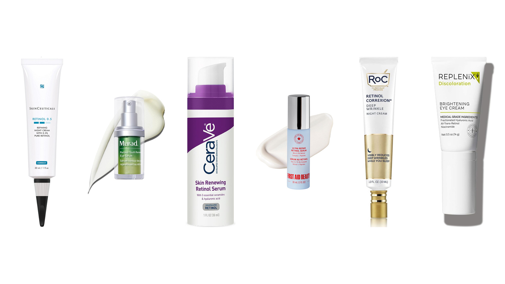 Six retinol products lined up, including SkinCeuticals Retinol 0.5, Murad, CeraVe, First Aid Beauty, RoC and Replenix