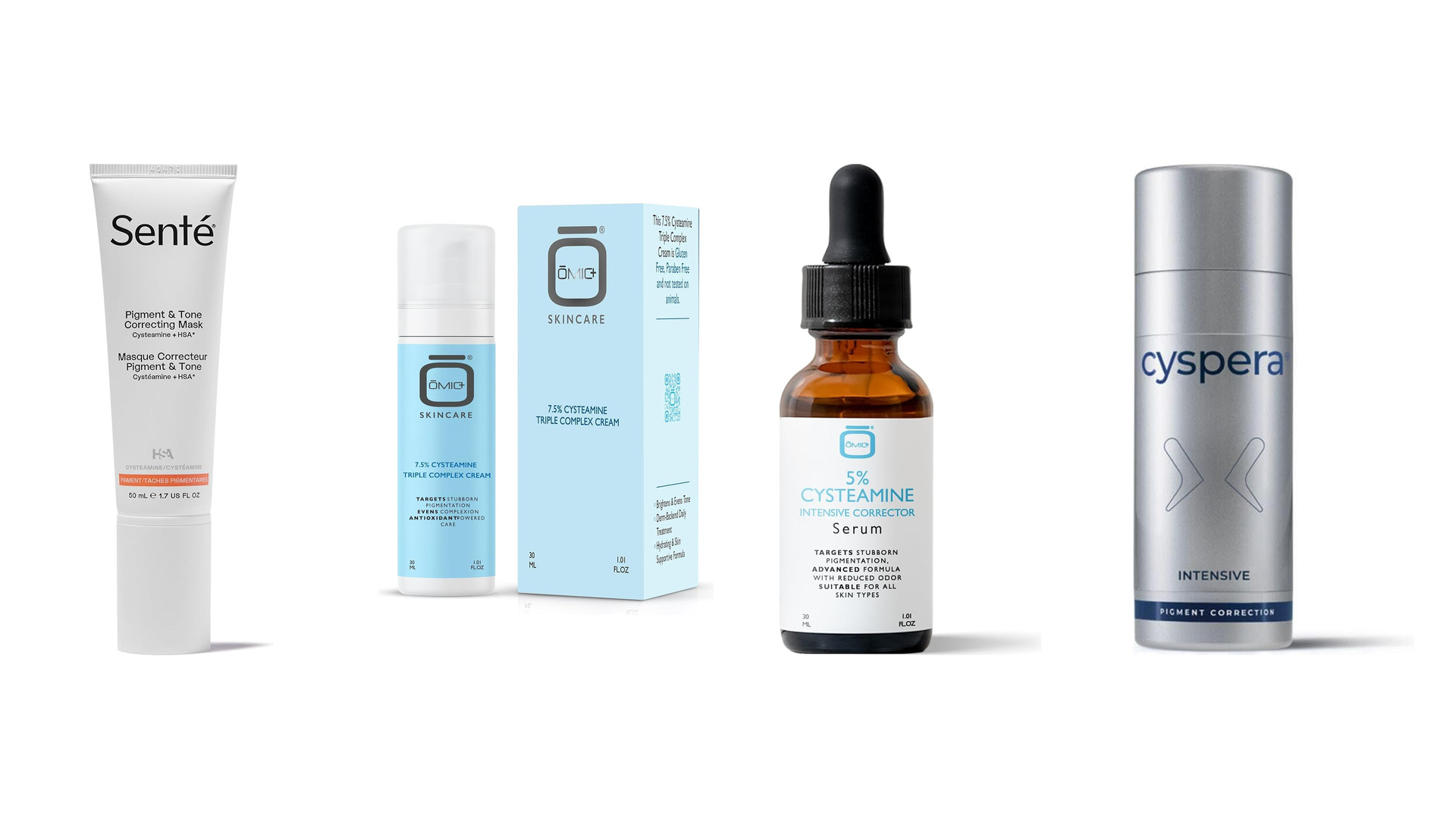 Four cysteamine products: a Senté tube, an Omic+ cream and box, a 5% cysteamine serum dropper and a Cyspera bottle